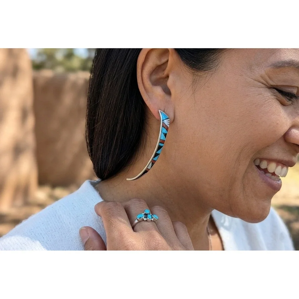 Zuni Turquoise coral Inlay Earrings 925 Sterling Silver Curved Signed P. Lucio *